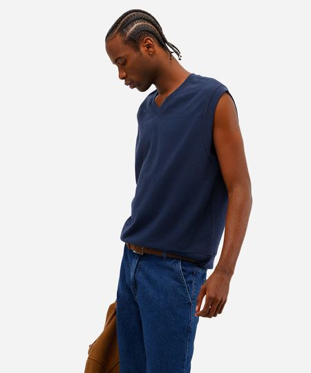 colete masculino de moletom sem felpa gola v azul M