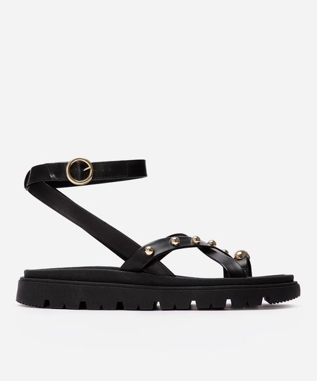rasteirinha flatform com tiras e tachas preto 37