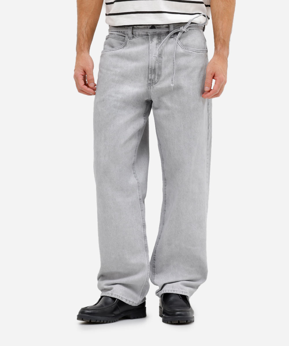 calça baggy masculina jeans com cinto cinza