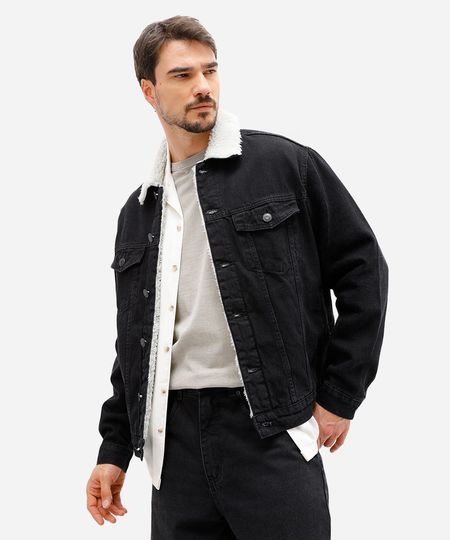 jaqueta masculina jeans gola de sherpa preta P