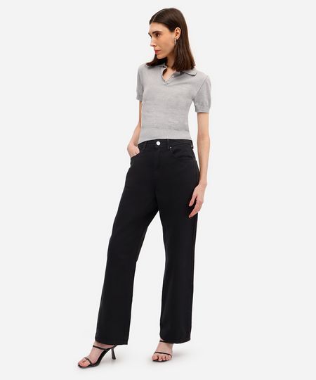 calça wide leg slim feminina de sarja cintura alta preta 36
