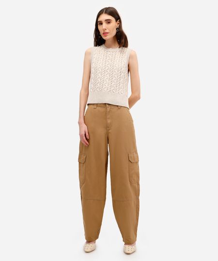 calça balloon feminina de sarja com bolsos cargo bege 34