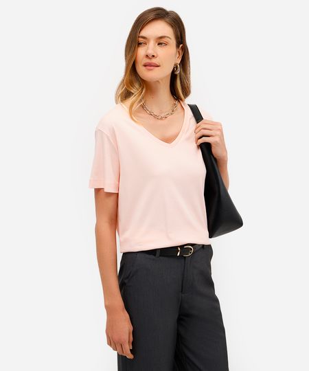 camiseta feminina de algodão peruano básica decote v rosa P camiseta feminina de algodão peruano básica decote v rosa P