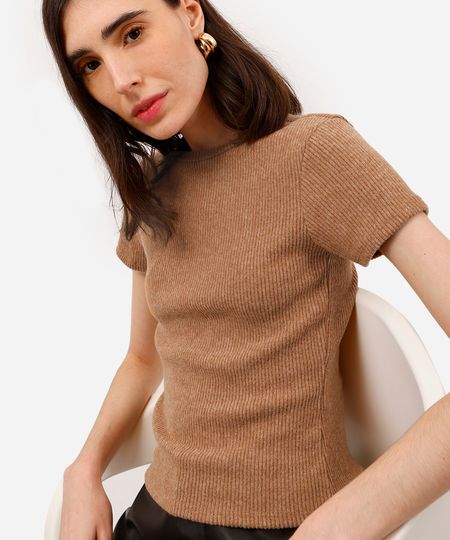 blusa baby look feminina básica texturizada marrom P