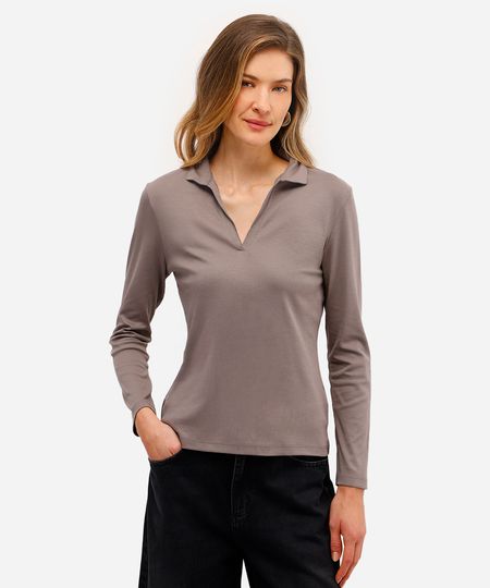 polo básica feminina de algodão peruano decote v cinza GG