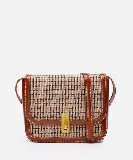 bolsa feminina transversal xadrez fecho metal marrom UNICO