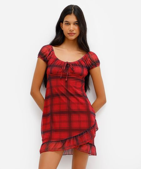 vestido curto feminino de tule com babado xadrez vermelho PP vestido curto feminino de tule com babado xadrez vermelho PP