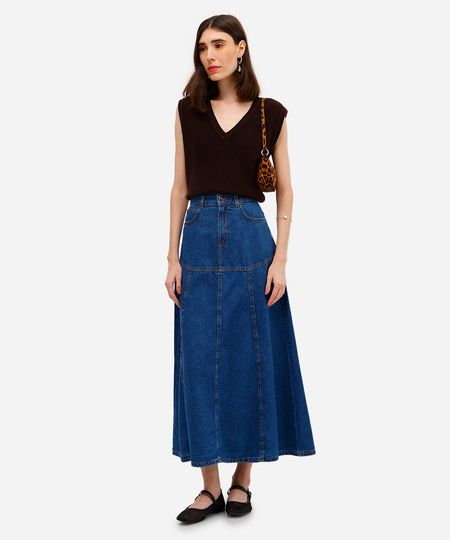 saia longa feminina jeans com recortes azul 38