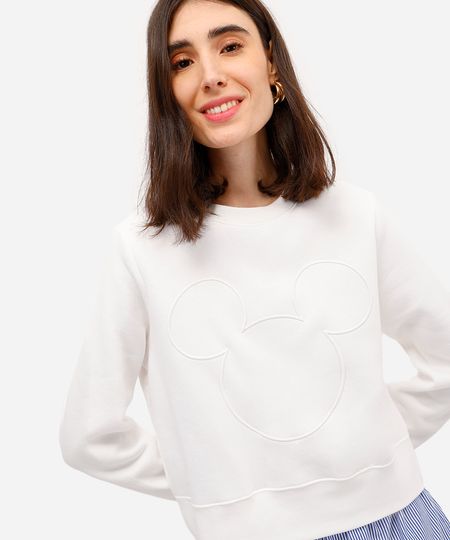 blusão feminino de moletom felpado com bordado mickey off white P
