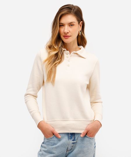 blusão básico feminino de moletom felpado com gola bege P