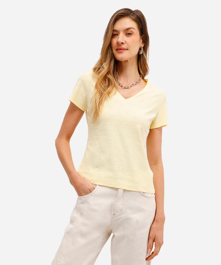 blusa básica feminina manga curta decote v amarela P