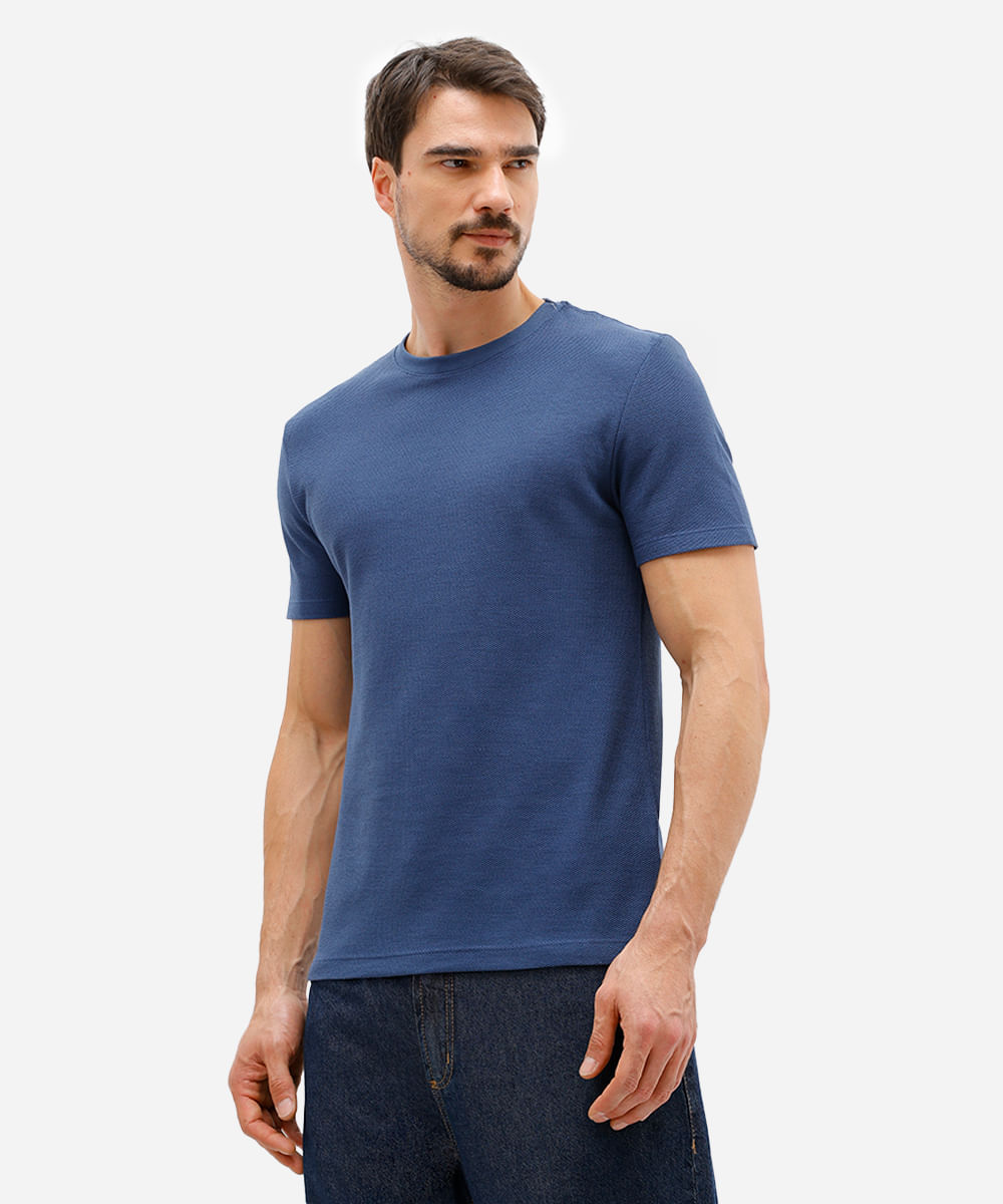 camiseta de algodão texturizada manga curta azul