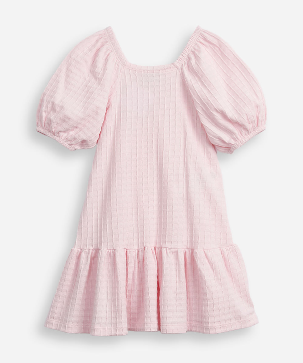 vestido de algodão infantil manga bufante texturizado rosa