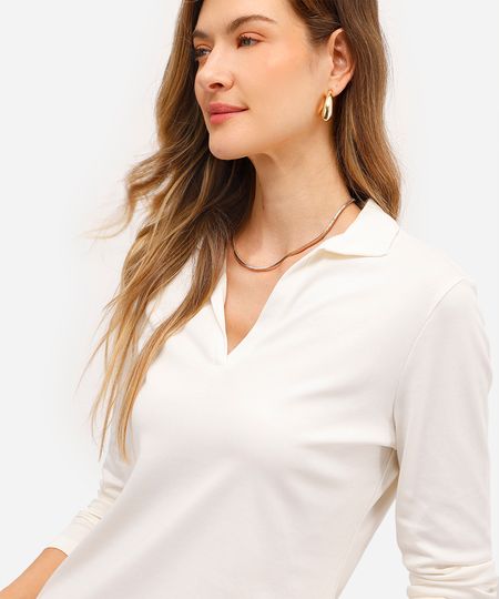 polo básica feminina de algodão peruano decote v off white P polo básica feminina de algodão peruano decote v off white P