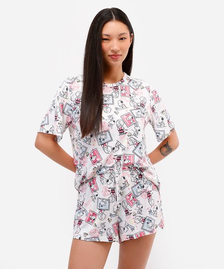 pijama short doll feminino manga curta snoopy off white M
