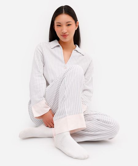 pijama americano feminino de algodão listrado off white P