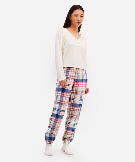 pijama longo feminino xadrez bege GG