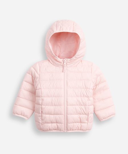 jaqueta puffer infantil com capuz rosa 0-3