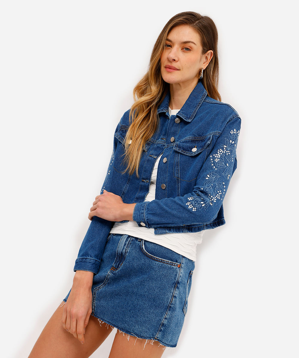 jaqueta feminina jeans bordada com brilhos azul