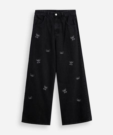 calça wide leg jeans juvenil bordado stitch - black jeans 10