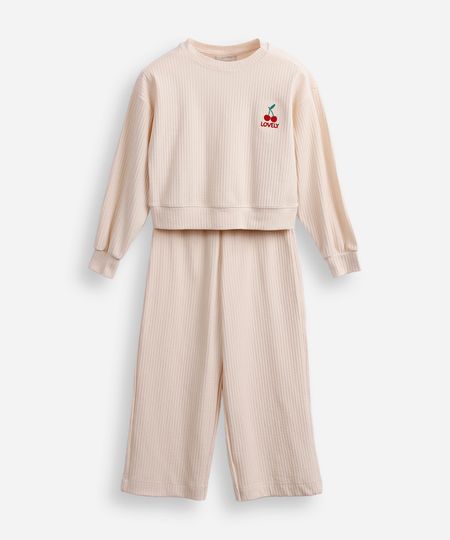 conjunto infantil longo de viscose canelado bege 4