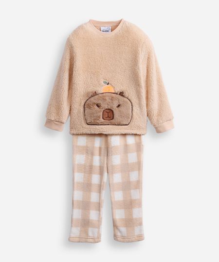 pijama longo infantil de fleece xadrez bege 2 pijama longo infantil de fleece xadrez bege 2