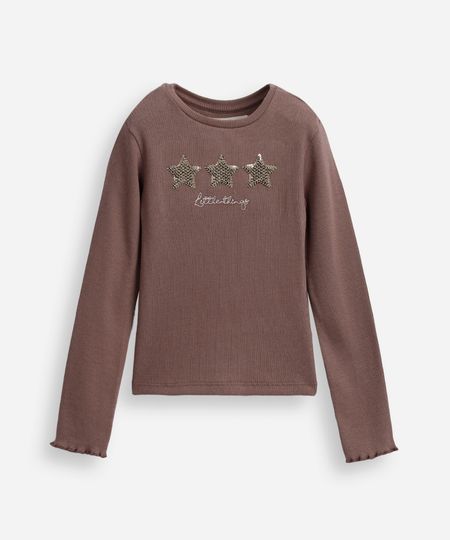 blusa de algodão infantil estrelinha com paetê marrom 4