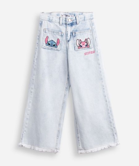 calça wide leg infantil jeans barra desfiada stitch e angel azul 4