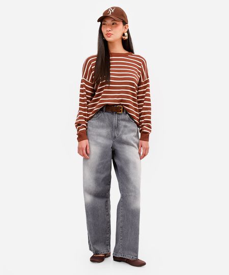 calça feminina jeans cintura média com pregas cinza 34