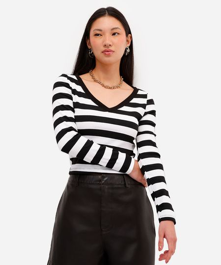 blusa manga longa listrada com decote v off white PP blusa manga longa listrada com decote v off white PP