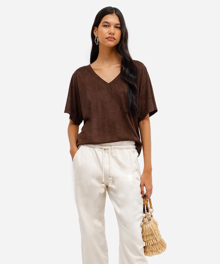 blusa feminina de suede decote v marrom PP