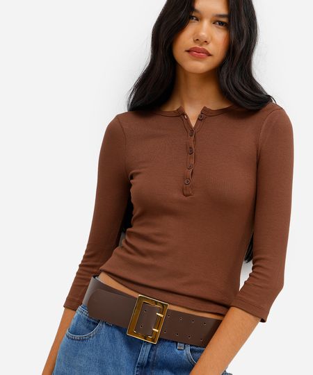 blusa feminina de viscose manga longa canelada marrom G blusa feminina de viscose manga longa canelada marrom G