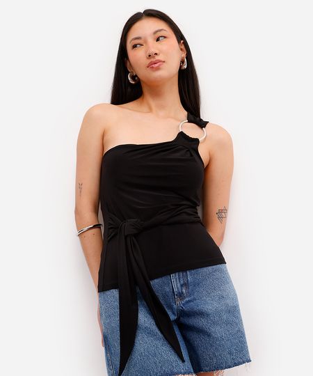 blusa ombro único feminina com pregas preta P