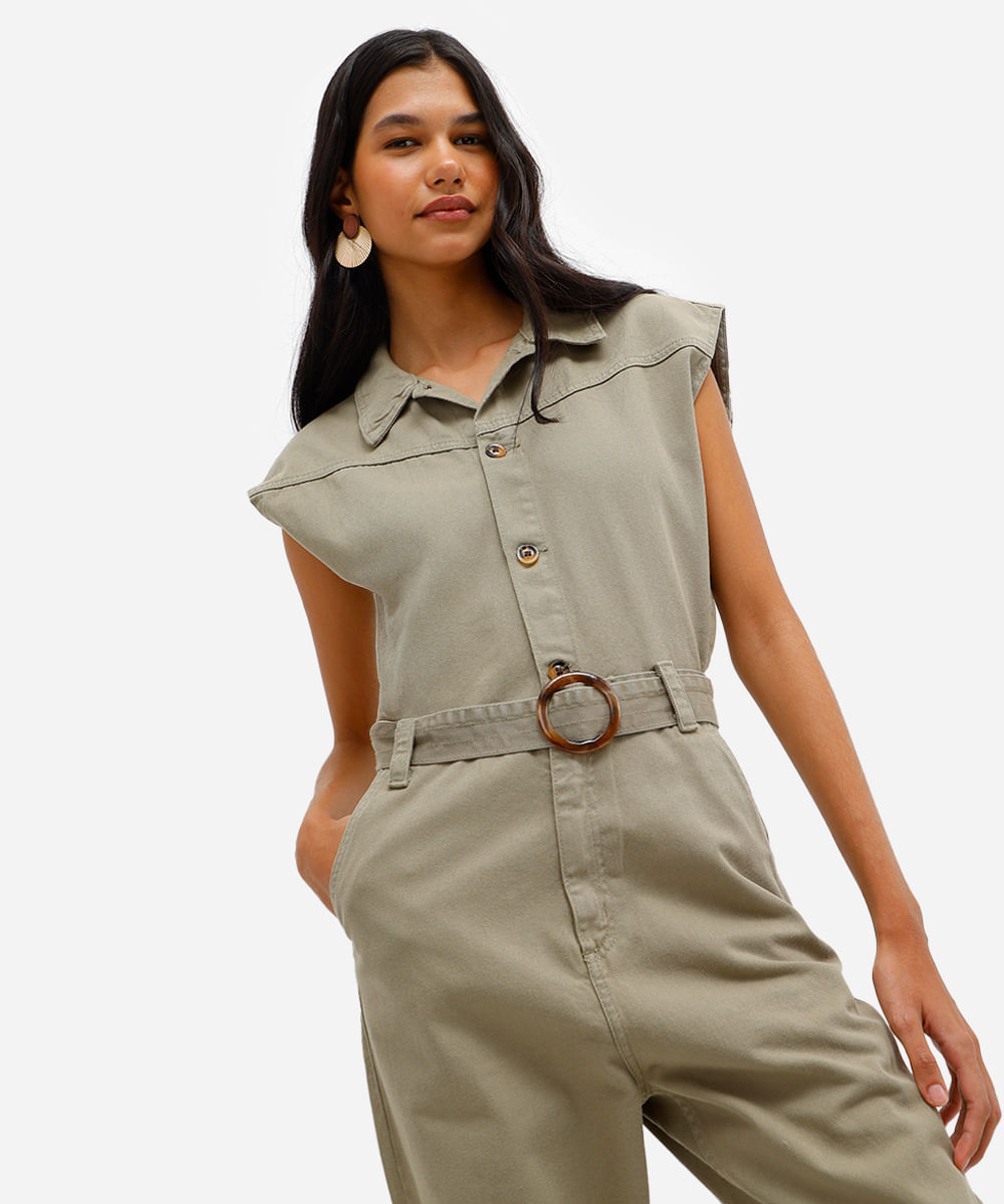 macacão feminino de sarja com cinto verde