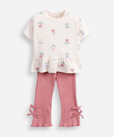 conjunto infantil manga curta floral off white 2