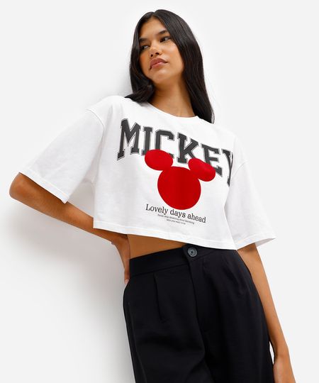 camiseta feminina de algodão cropped flocado mickey off white PP