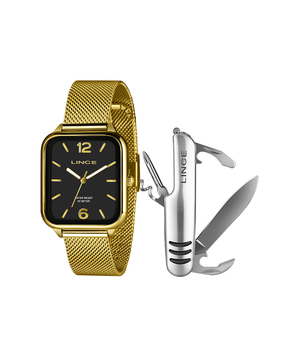 kit relógio masculino lince mqgh213l34ka7op2kx analógico dourado