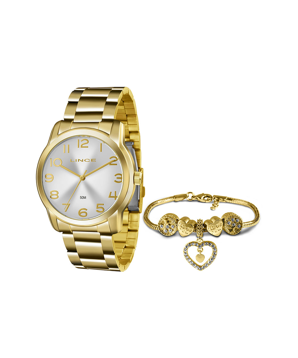 kit relógio feminino lince lrg4550lkp08c2kx analógico dourado