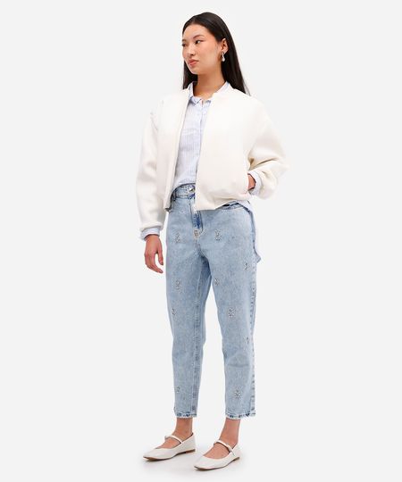 calça mom feminina jeans com brilhos azul 38