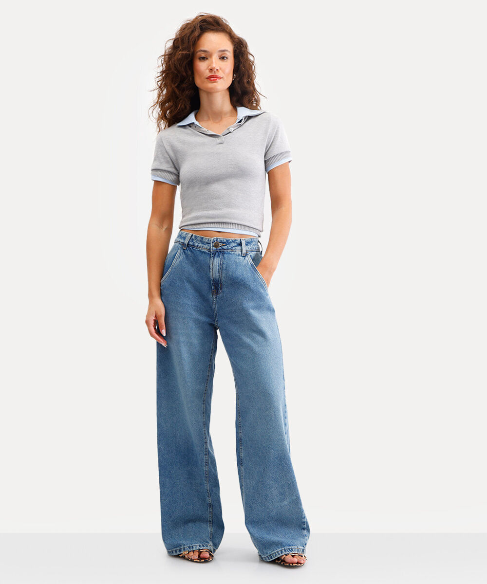 calça oversized feminina jeans azul