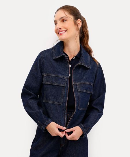 jaqueta feminina jeans com bolsos azul P