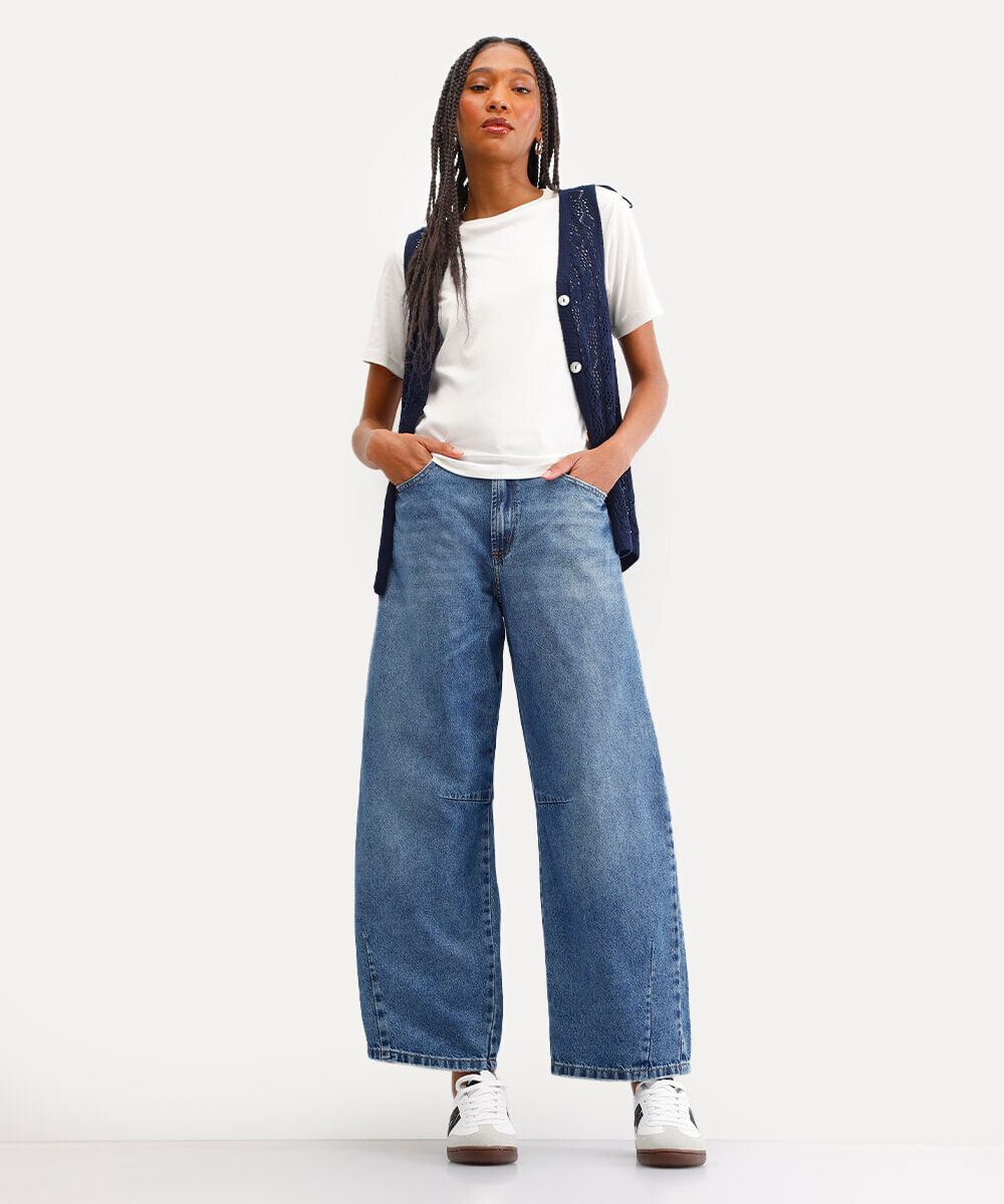 calça baggy feminina jeans cintura média azul