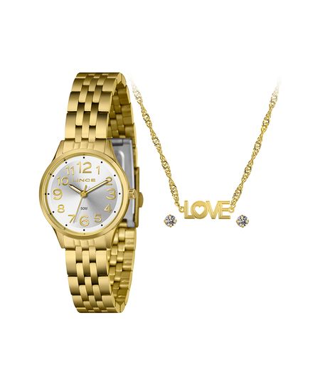 kit relógio feminino lince lrgh204l30k08ls2kx analógico dourado UNICO