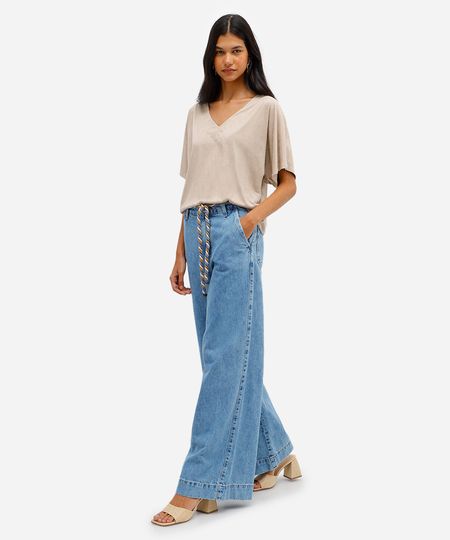 calça wide leg feminina jeans com cinto azul 40