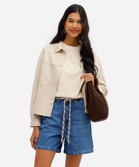 bermuda mom feminina jeans com cinto azul 34