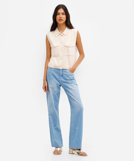 calça wide leg slim feminina jeans com brilhos azul 36