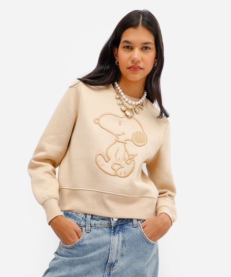 blusão feminino de moletom felpado com bordado snoopy bege P
