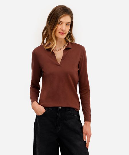 polo básica feminina de algodão peruano decote v marrom P polo básica feminina de algodão peruano decote v marrom P