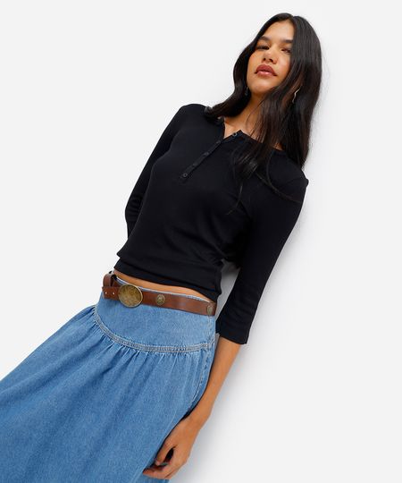 blusa feminina de viscose manga longa canelada preta PP