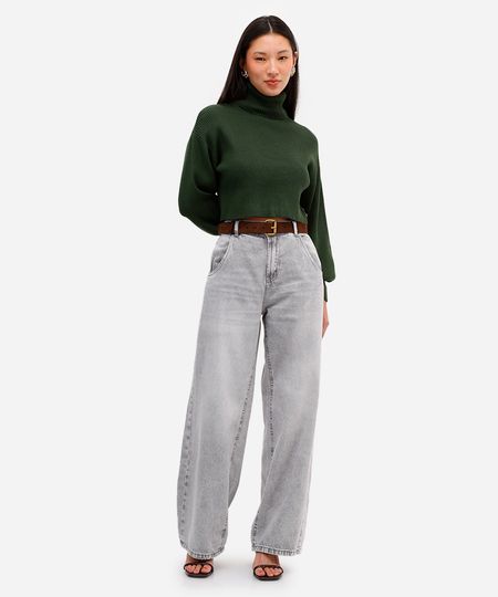 calça oversized feminina jeans cintura média - cinza 34 calça oversized feminina jeans cintura média - cinza 34